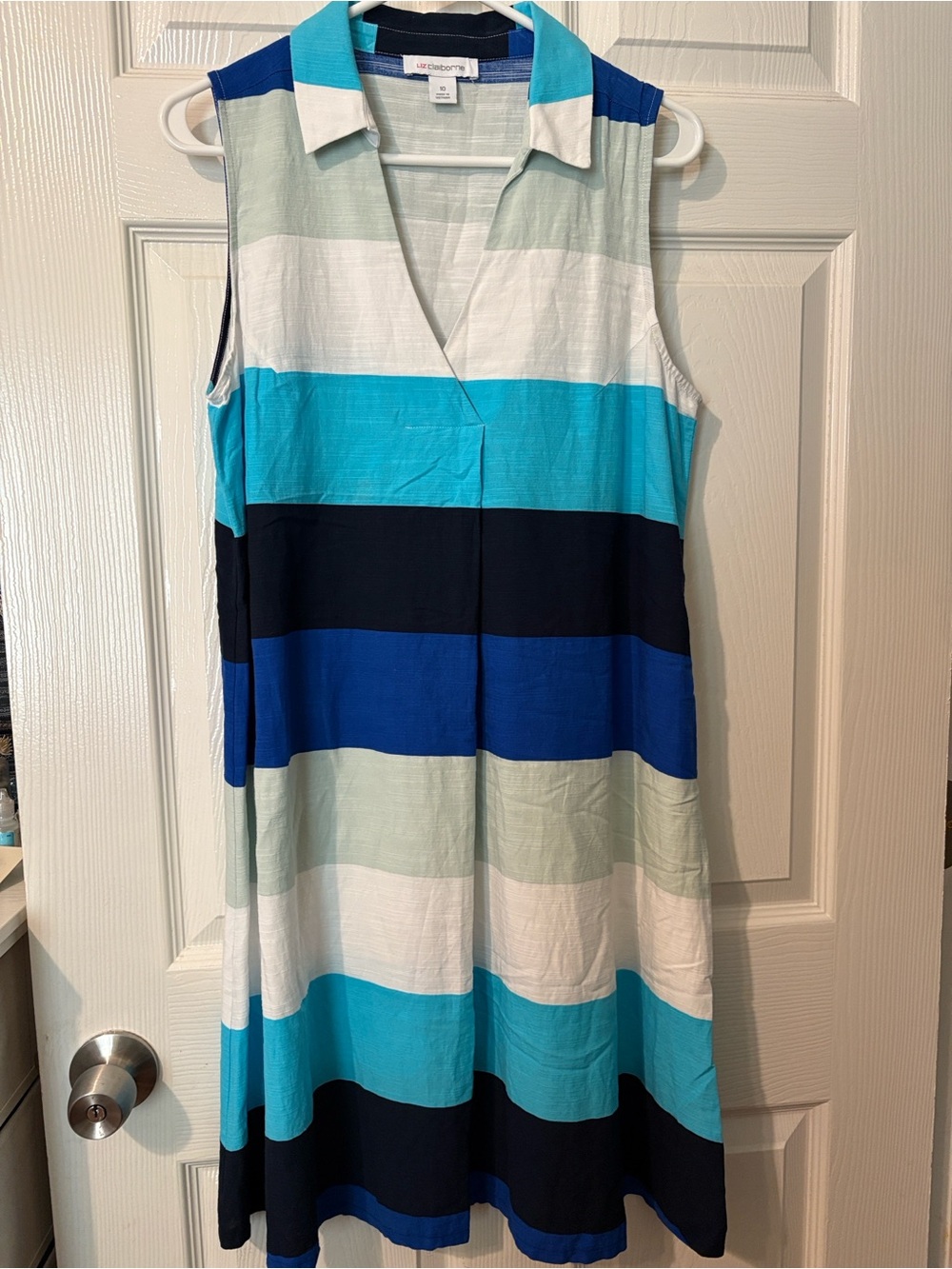 Liz Claiborne Sleeveless Collared Stripe Dress in Blue, Aqua, Navy, White